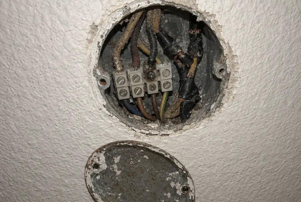 Caja de empalmes empotrada y abierta con cables antiguos, una regleta de tornillos y empalmes con cinta aislante