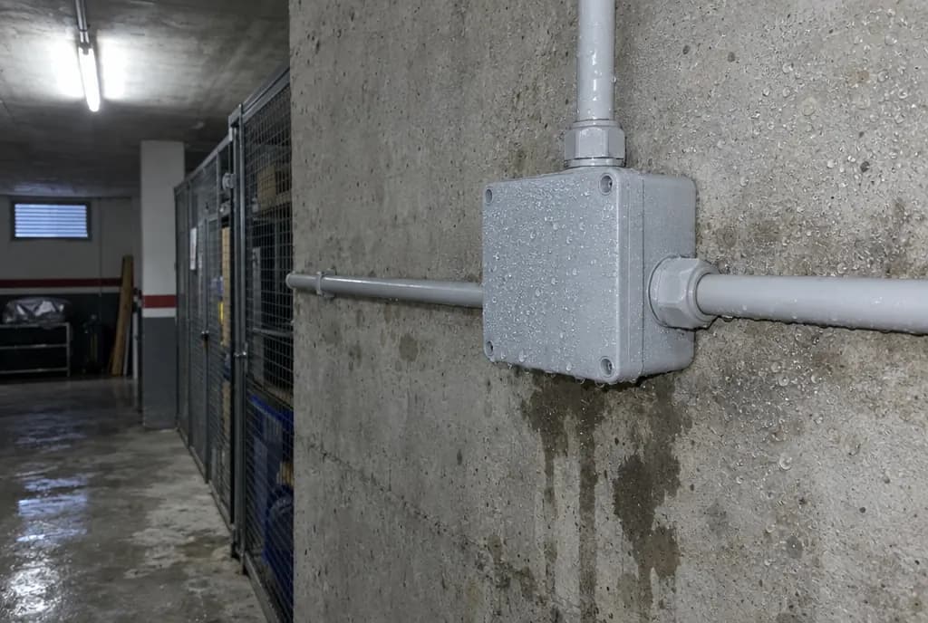 Caja estanca gris en la pared de hormigón de un garaje con trasteros, cubierta de gotas de condensación